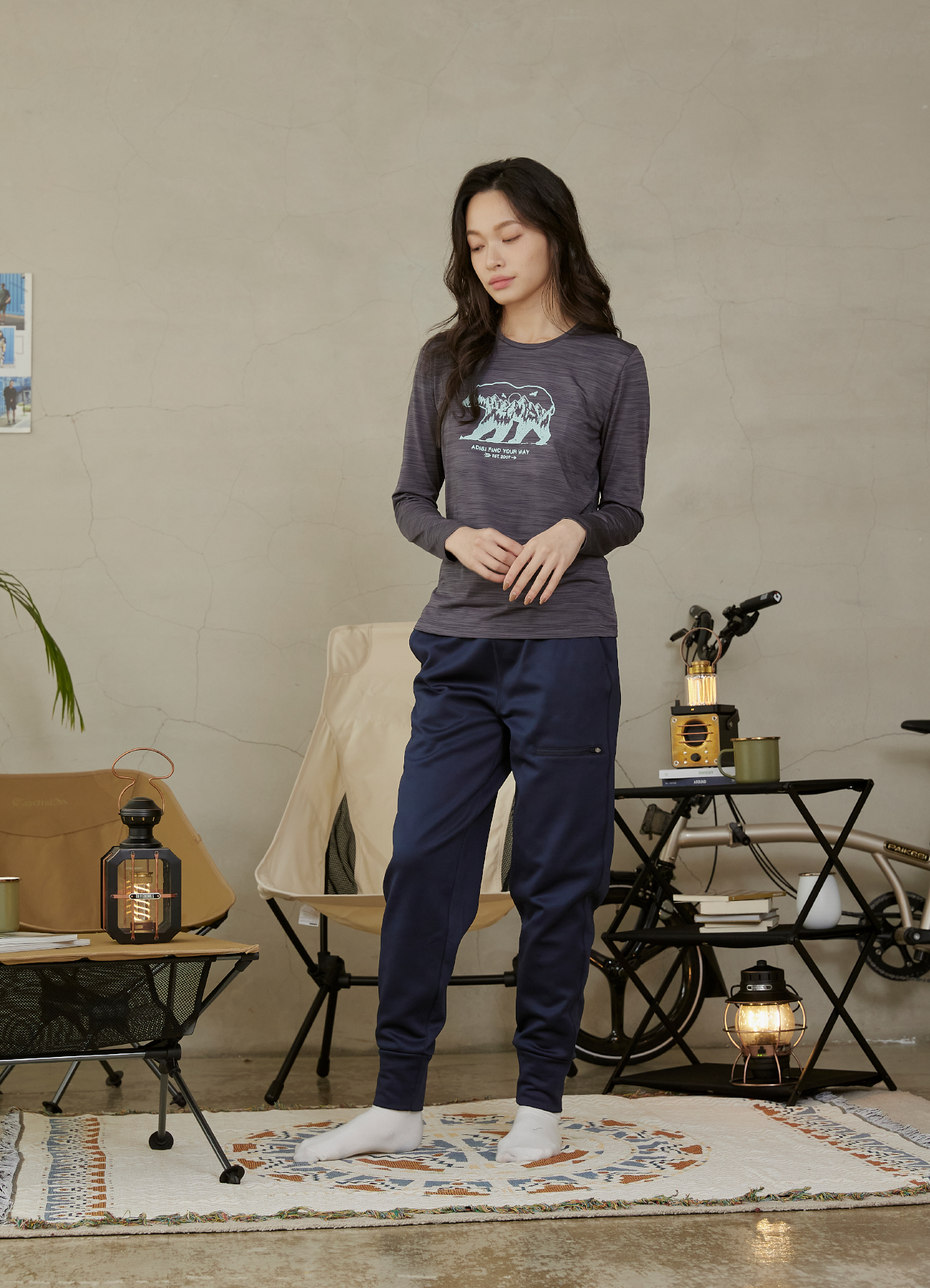 女圓領圖騰雲彩紗透氣快乾保暖上衣